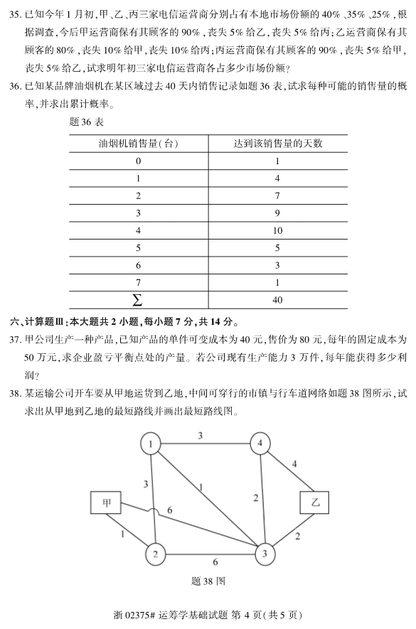 2019年10月份全国自考《​运筹学基础》 考试真题