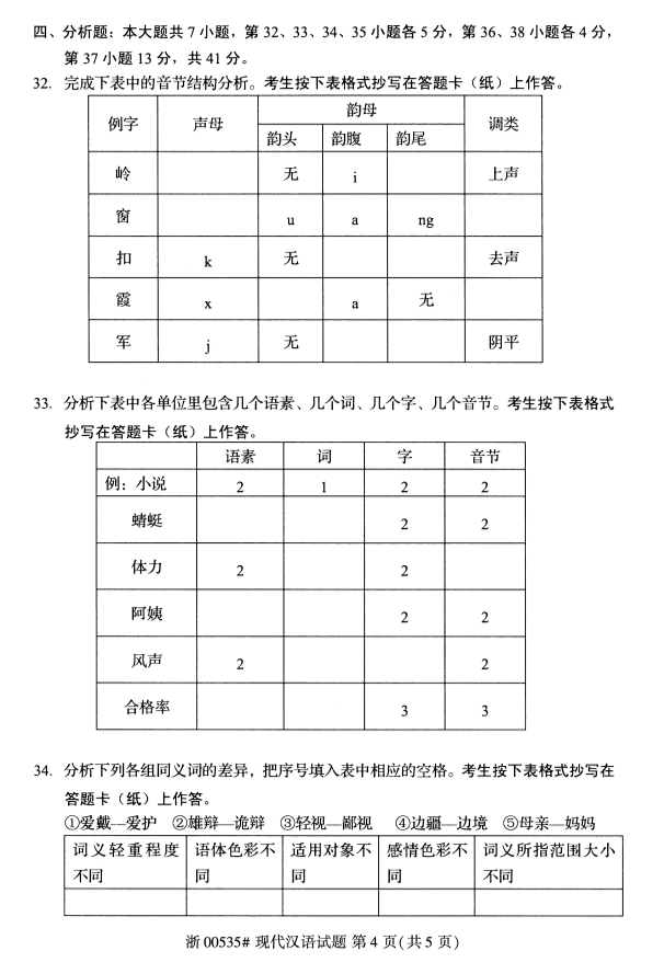 2019年10月份全国自考《现代汉语》 考试真题 