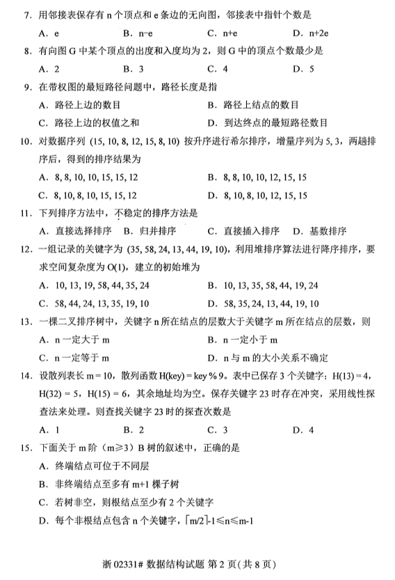 2019年10月份全国自考《数据结构》 考试真题