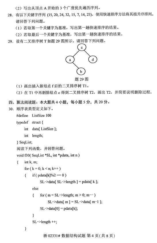 2019年10月份全国自考《数据结构》 考试真题