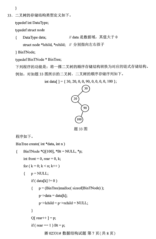 2019年10月份全国自考《数据结构》 考试真题