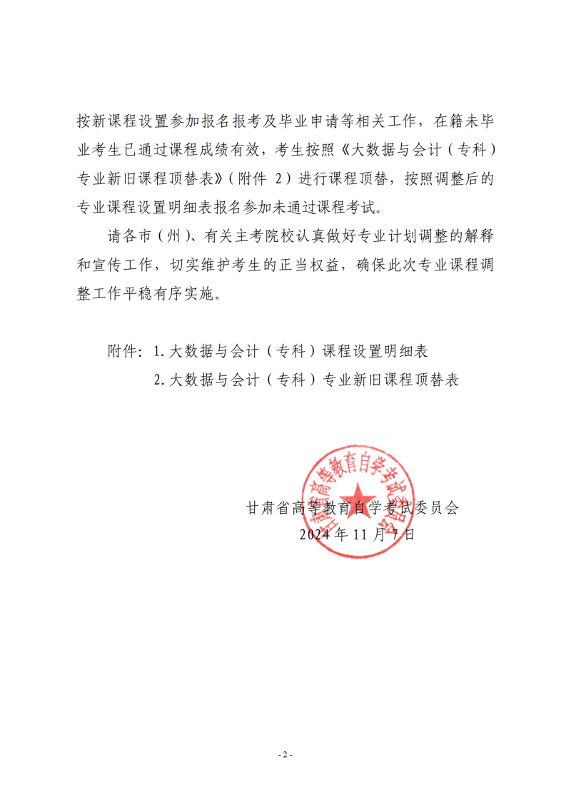 关于调整甘肃自考大数据与会计(专科)专业课程计划的通知